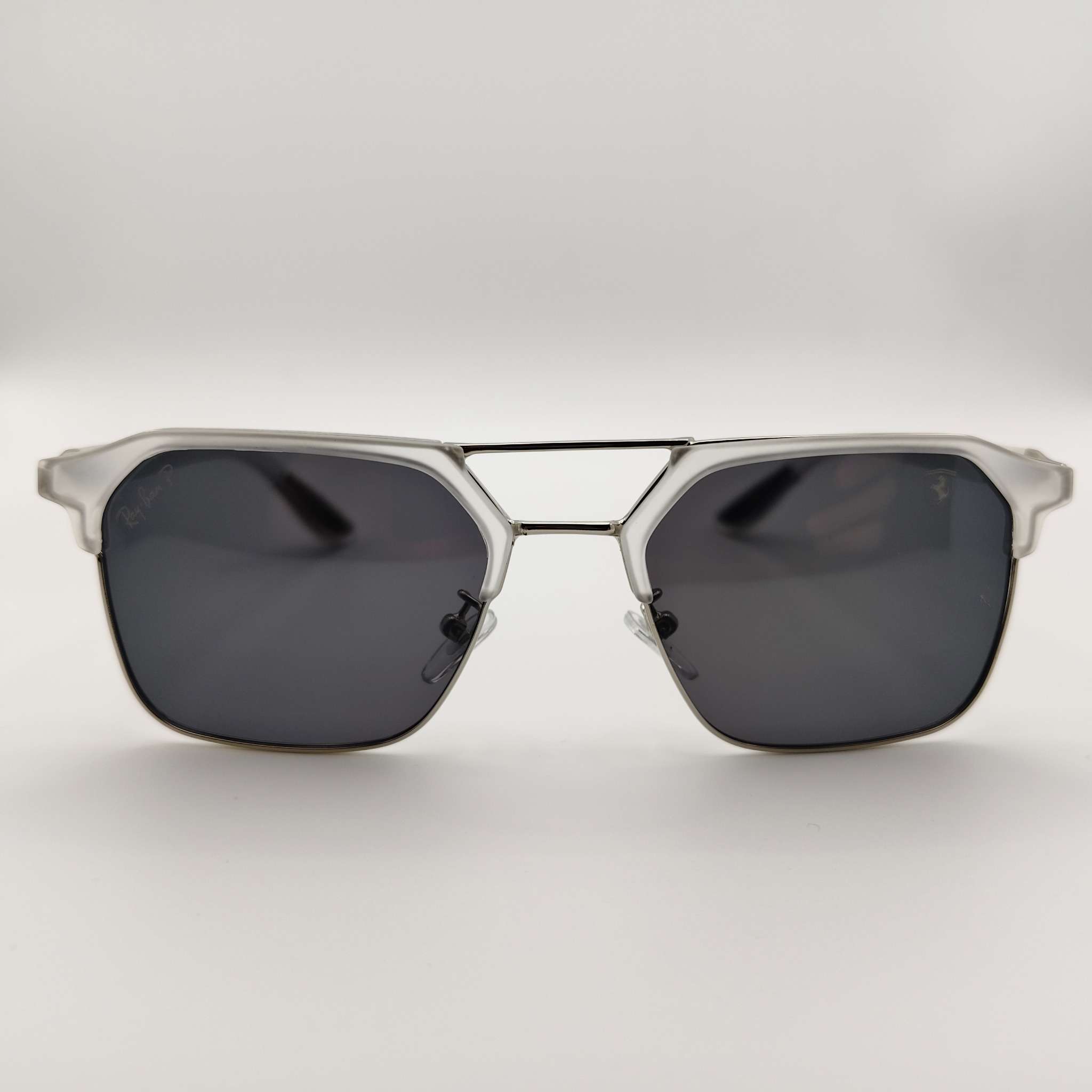Modern Double Bridge Square Sunglasses – Frosted Clear Frame with Black Lens
