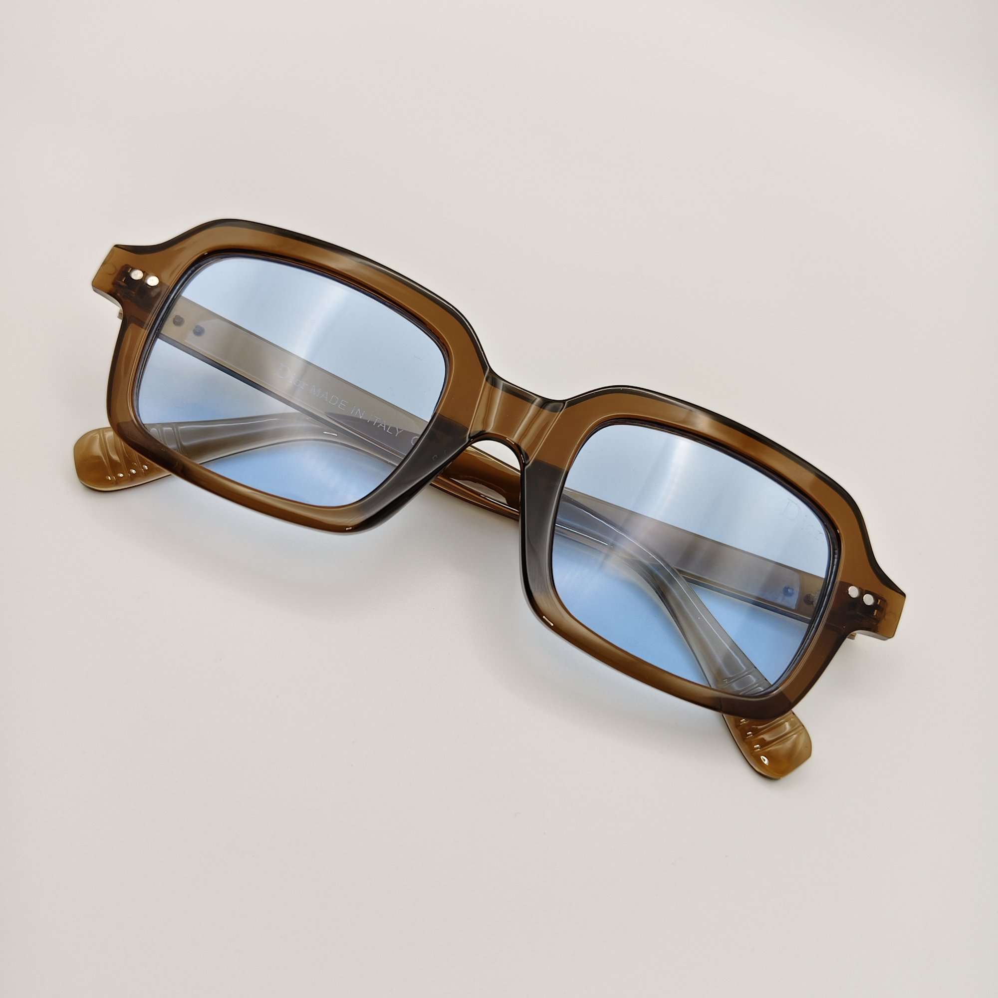 Square-Frame Acetate Sunglasses in Transparent Brown with Light Blue Lenses