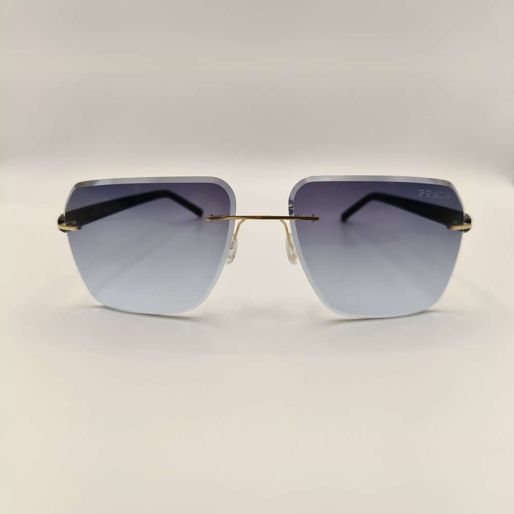 Prada Rimless Square Sunglasses - Gold Metal Bridge with Blue Gradient Lens